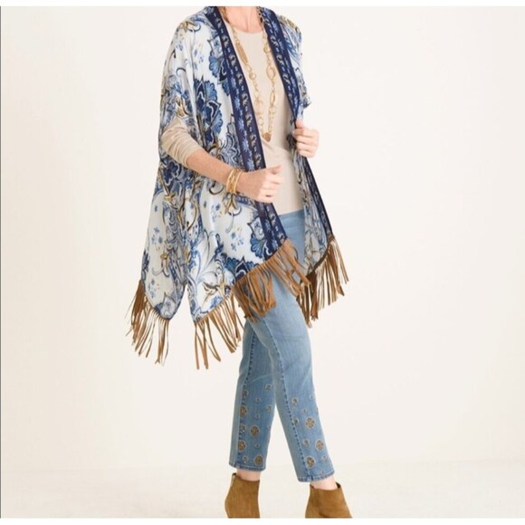 Chico's Printed Suede Fringe Ruana Kimono Cardigan Multicolor S/M NEW - Picture 1 of 10